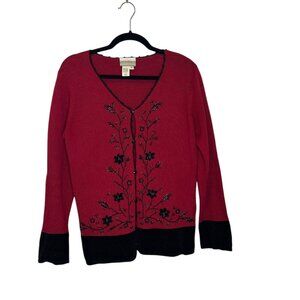 Coldwater Creek Red Cardigan Cotton Blend Embroidery Floral Sz M Womens Buttons